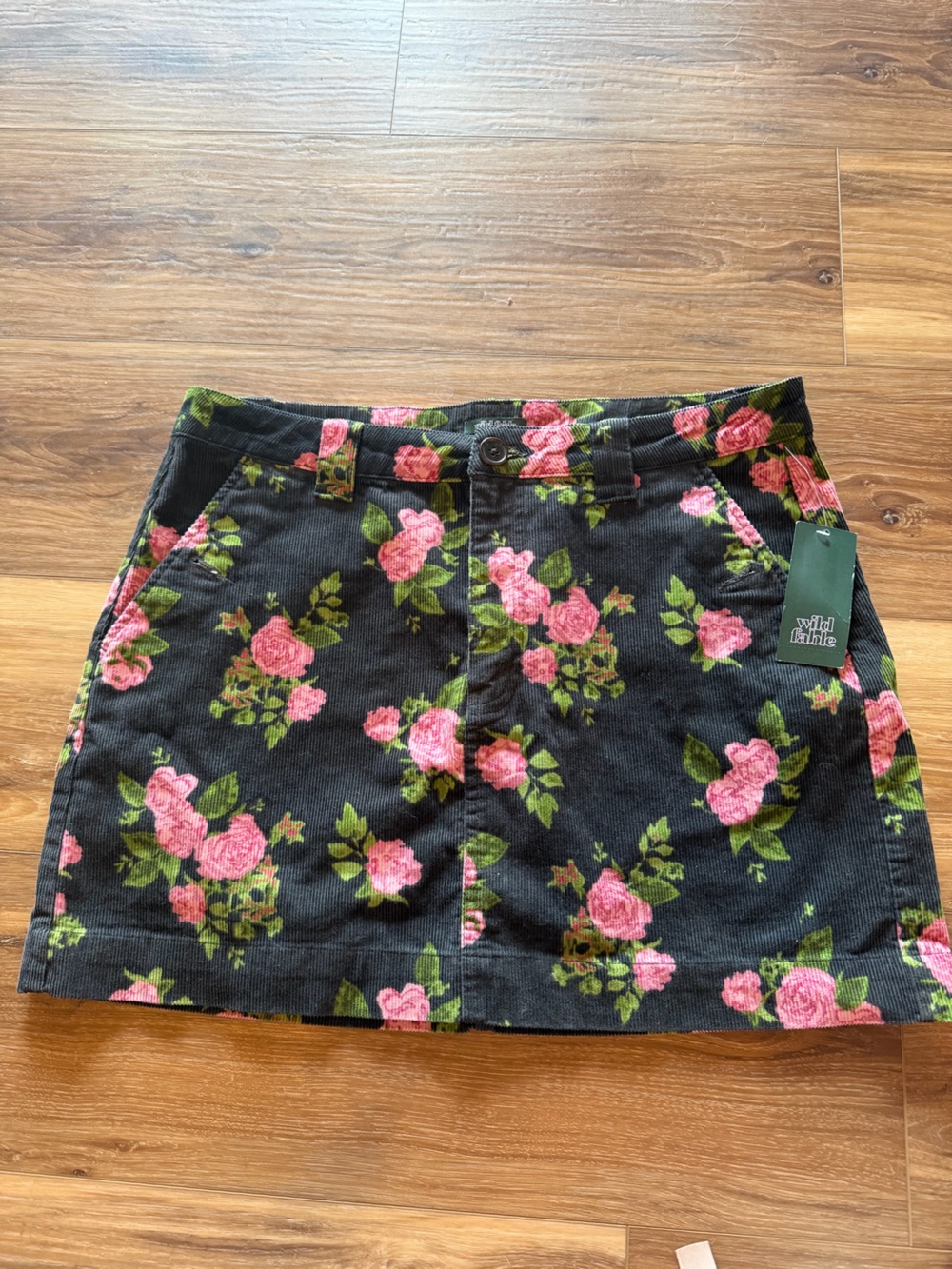 Wild Fable Corduroy Skirt Pink Roses on Black